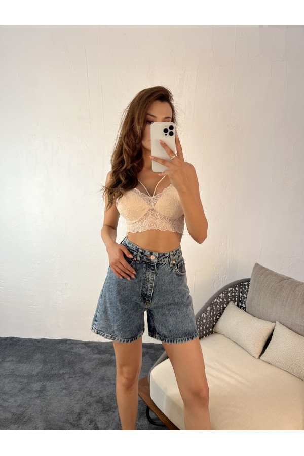 Pantaloni scurti din denim, albastri, cu talie inalta, Fame